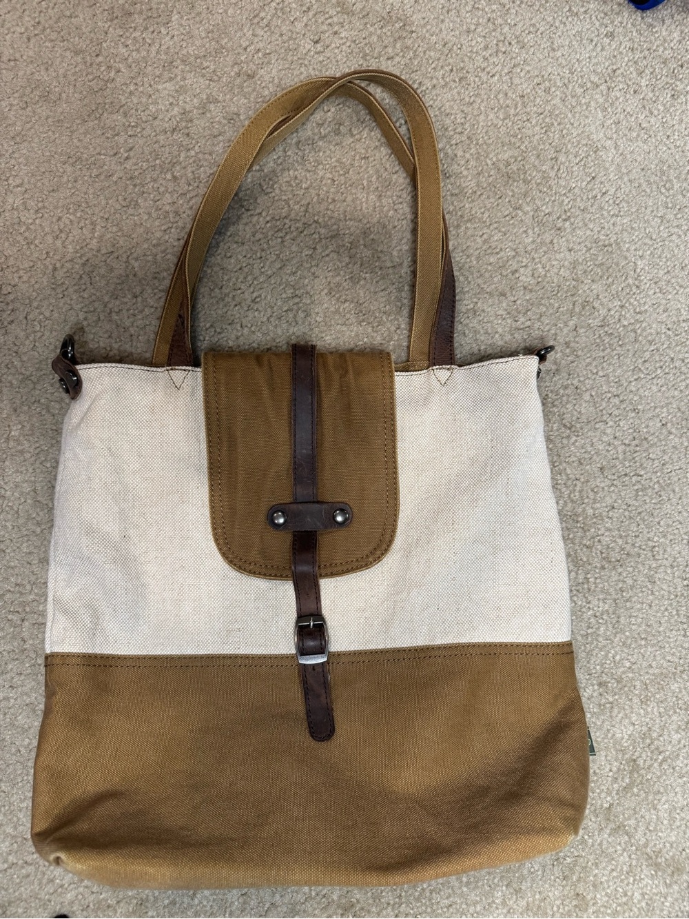 Canvas Two-Tone Tote Bag in Cream and Brown with Buckle Detail